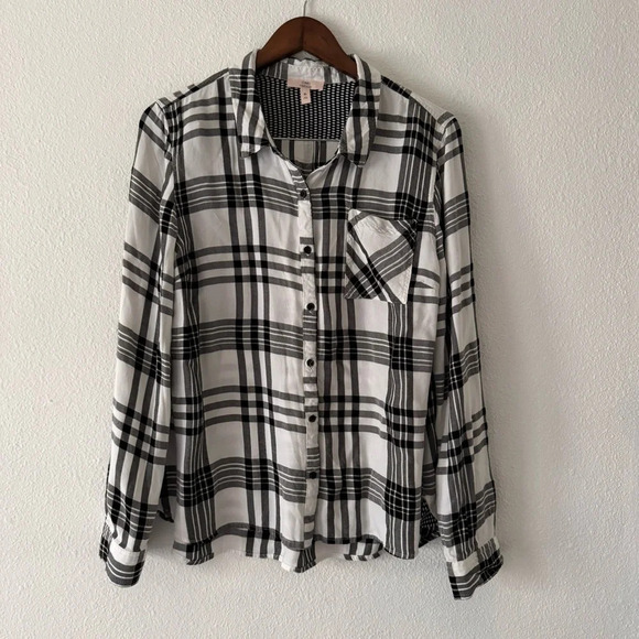 Como Vintage Plaid Flannel Button Down Shirt Black White Grungecore XL Cozy - Picture 12 of 14